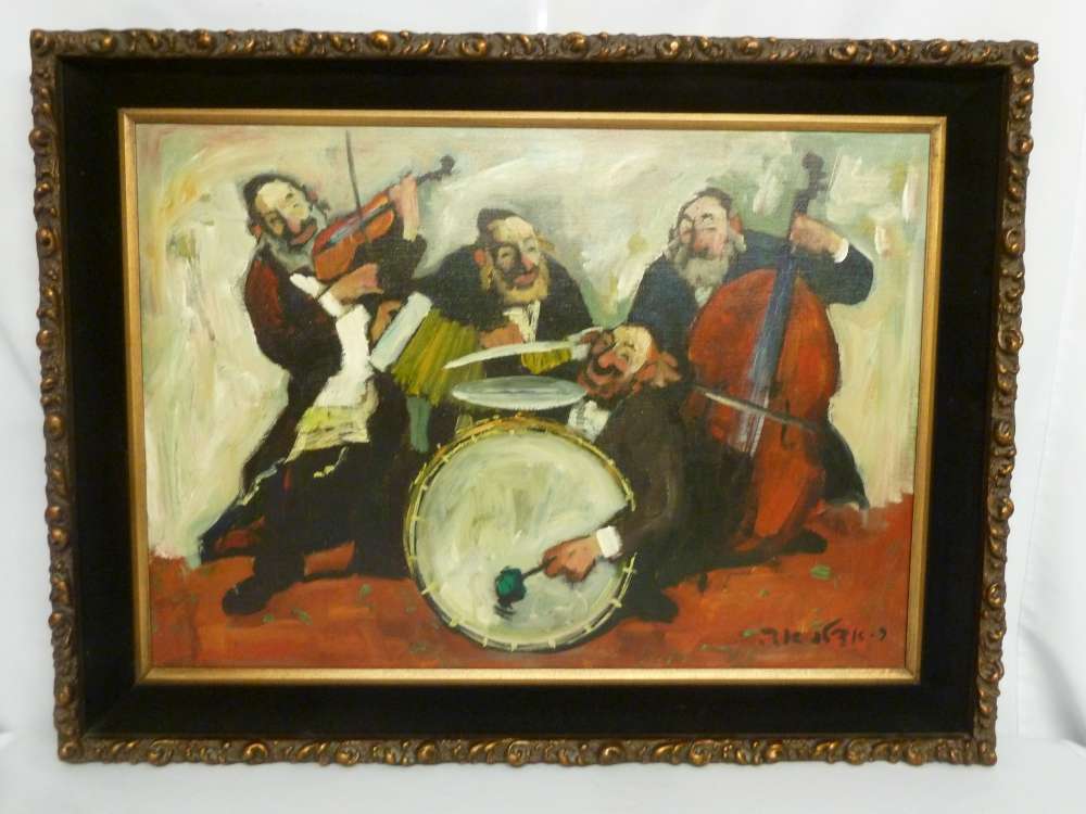 Israeli artist oil on canvas of a Klezmer Band, signed bottom right - 48 x 68 cm