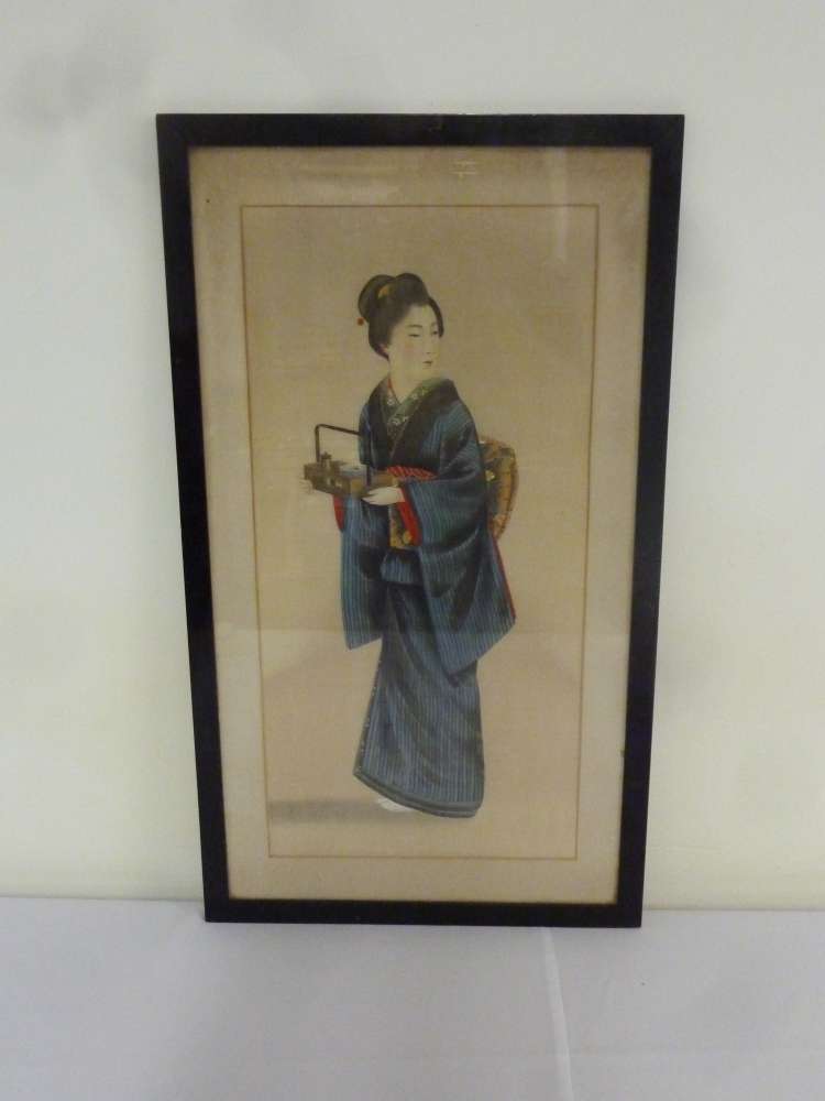 A Japanese painting on silk of a Geisha holding a tray with a tea bowl - 60 x 29cm