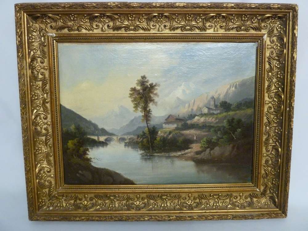 Weber oil on canvas of a Swiss lake and mountain scene, signed bottom left - 40 x 54 cm