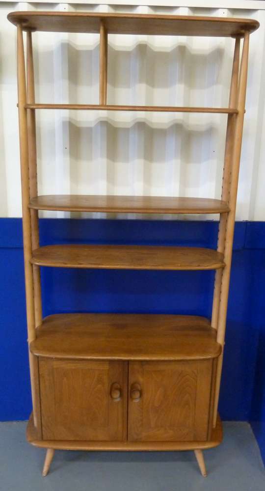 Ercol room divider, elm and beech wood with two door cupboard on four peg supports