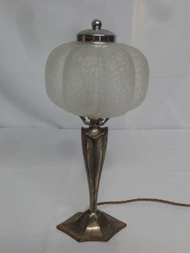 French Art Deco table lamp with silver plated stand and frosted glass shade