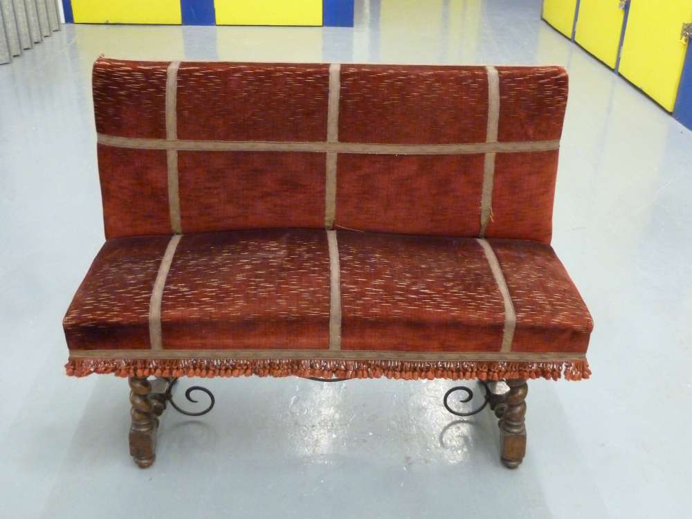 Oak upholstered bench on four barley twist oak legs