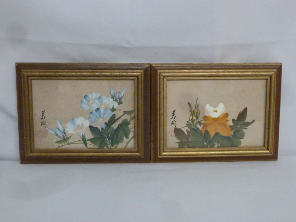 Two framed Chinese paintings of flowers on silk, signed and stamped - 11.5 x 16cm
