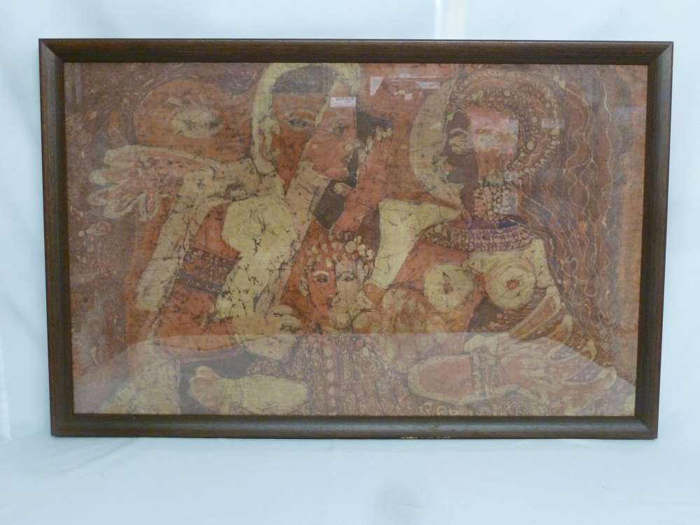 Shua Stark framed and glazed Batik on silk of a family group - 49.5 x 80.5cm