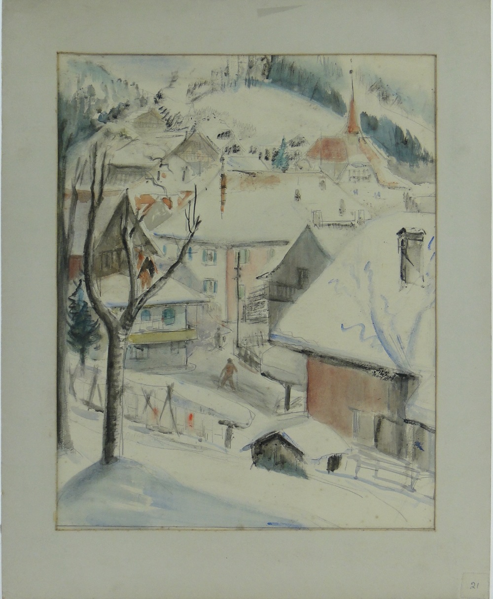 Sylvia St. George
watercolour, thaw in Chateau D'ex, 17" x 14", together with a pencil drawing by