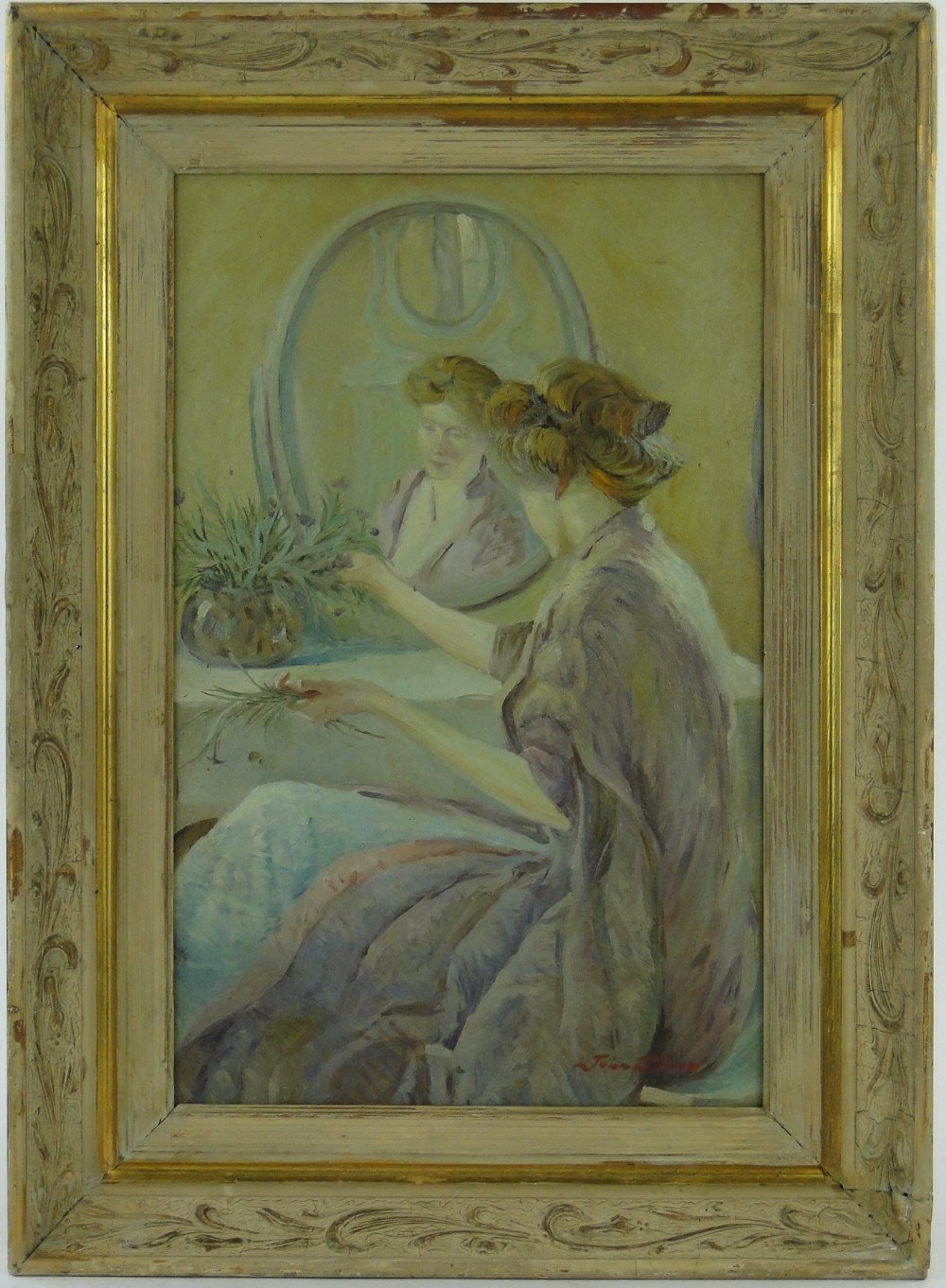 Early 20th century oil on board, woman arranging flowers, indistinctly signed, 20.5" x 13", framed.