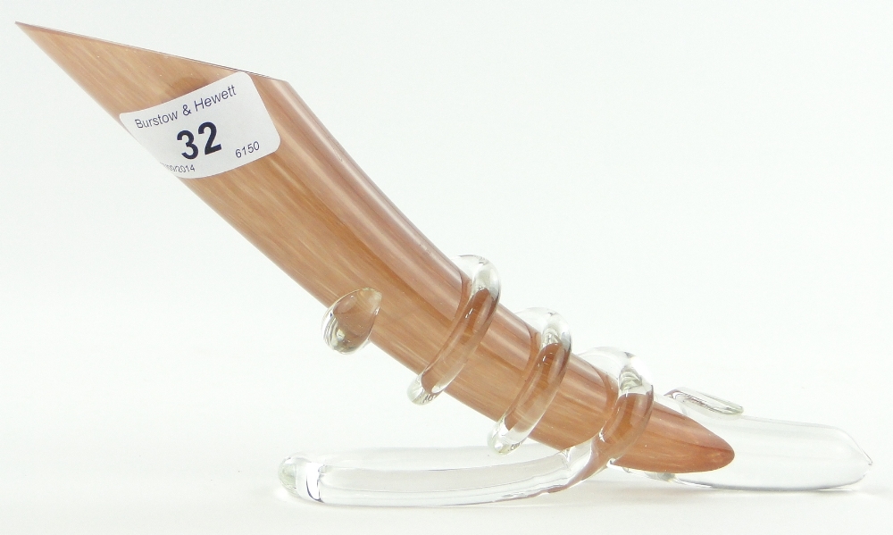 A glass horn with applied mount, signed, length 9".