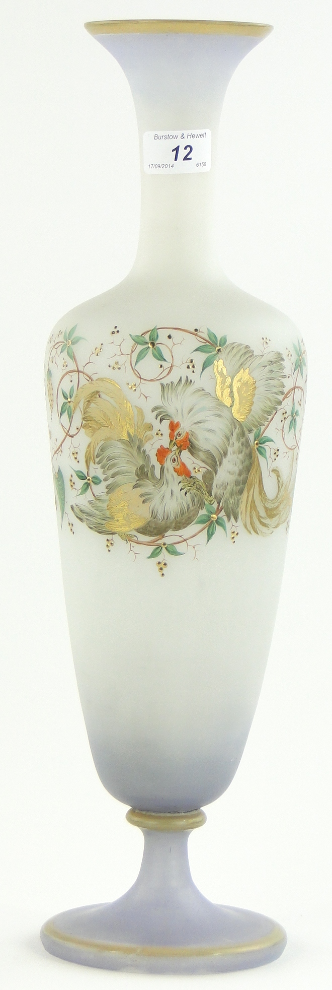 Edwardian milk glass vase with painted and gilded design of chickens, 18.5".