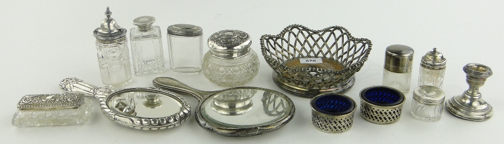 A Victorian plated wine coaster, silver topped toilet jars, silver backed hand mirrors, etc.