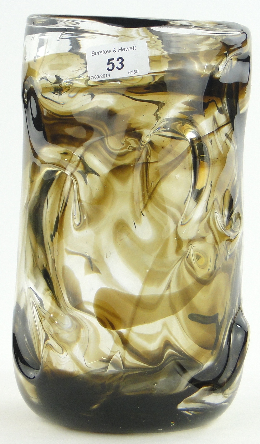 A Whitefriars green streaked knobbly vase, 10.5", 9611, designed by William Wilson and Harry Dyer.