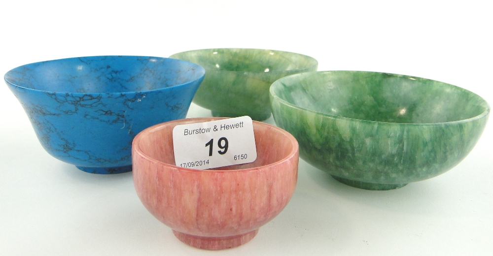 2 similar jade bowls, 4.25" diameter and 2 others, (4).