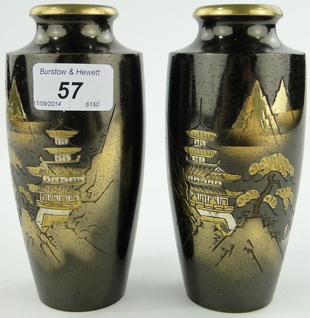 A pair of Japanese bronze vases with inlaid decoration, signed, 6".