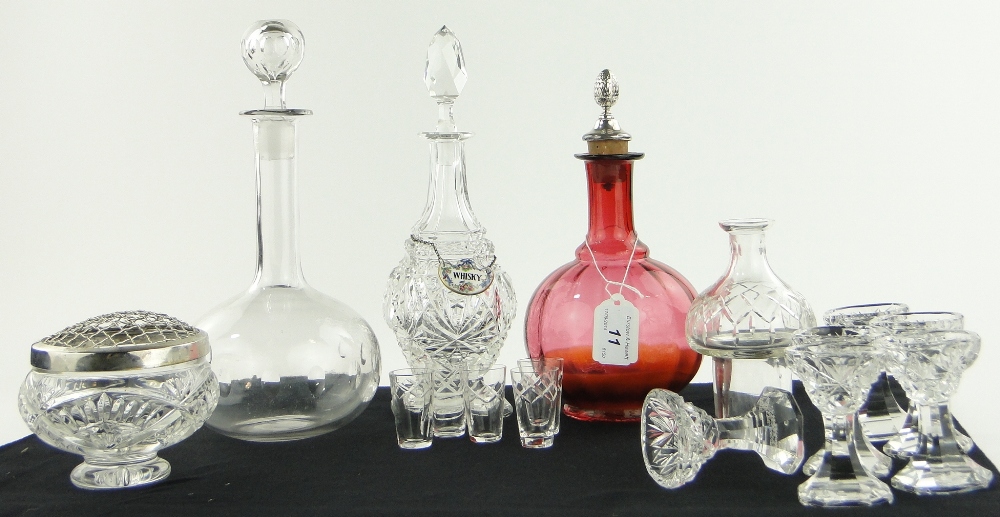 Cranberry glass decanter and stopper, 9.5", 2 other decanters, tots, etc.