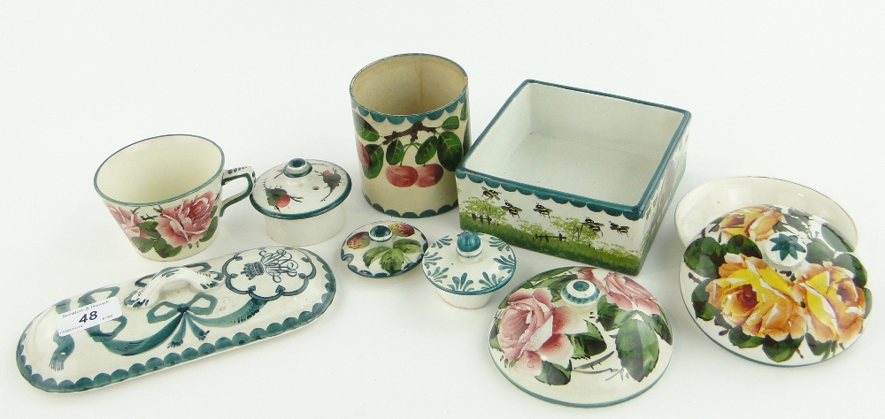 Wemyss ware cup, lids, etc.