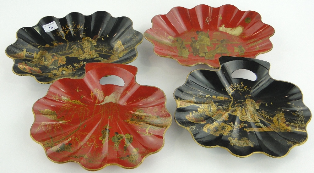 2 papier-mache crumb trays and 2 similar dishes with chinoiserie decoration, 13.5".