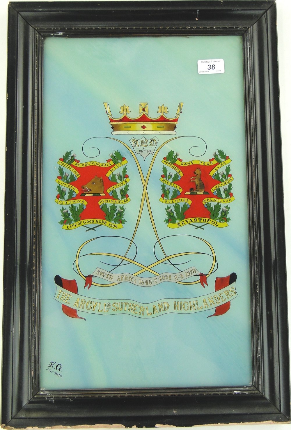 A reverse painting behind glass depicting the Argyll and Southerland Highlanders Coat of Arms,
