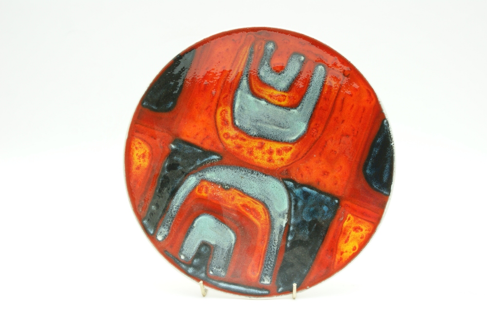 Poole Delphis dish, late 1960s, by Jean Millership, decorated with orange and blues in an abstract