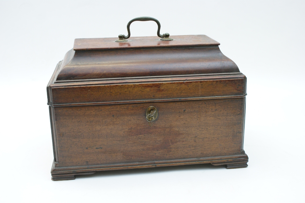 George III mahogany tea caddy, circa 1770, plain chest form with brass swan neck handle, opening