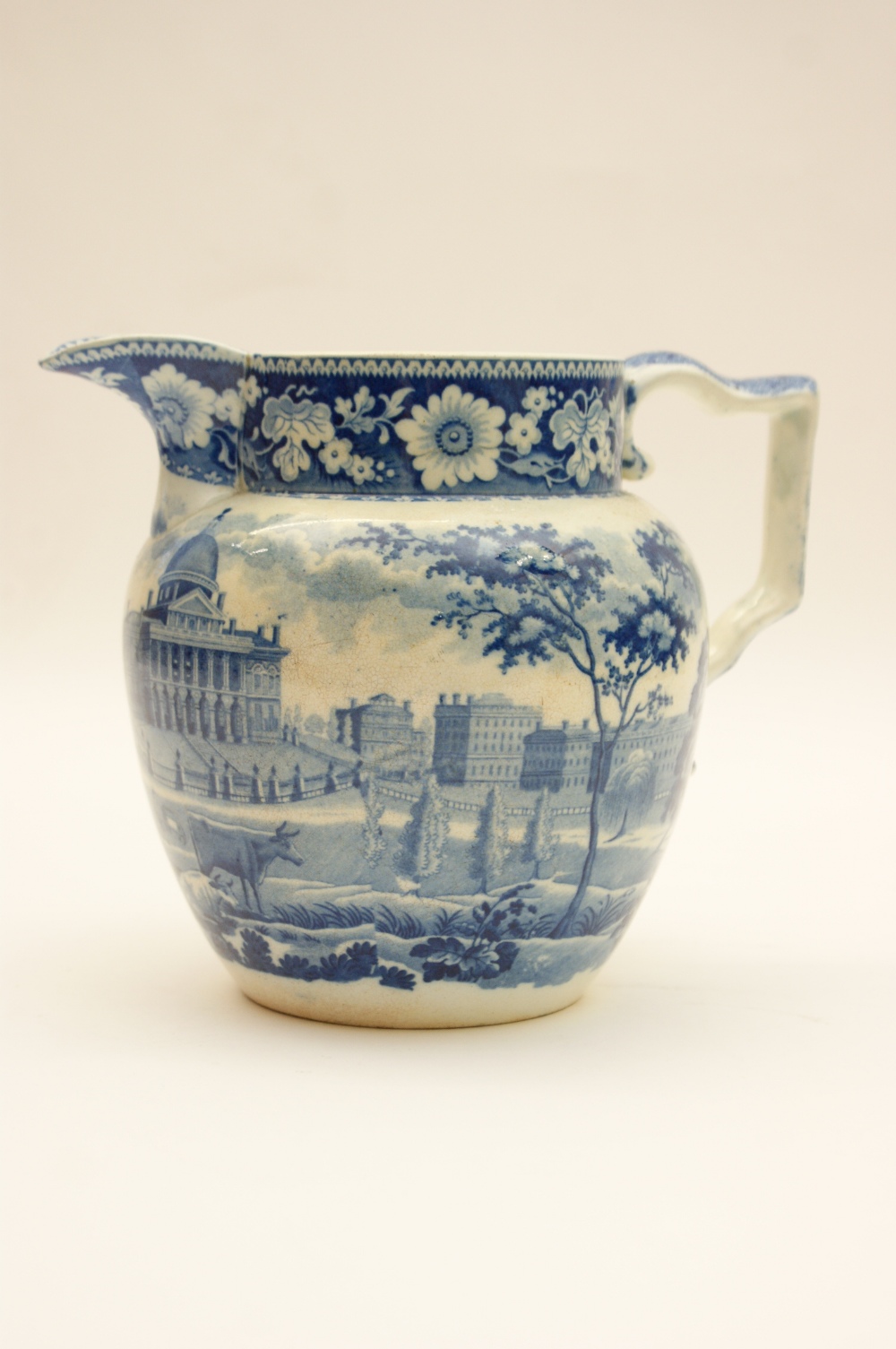 Staffordshire blue and white printware jug, circa 1830, in the Boston  Statehouse pattern, height