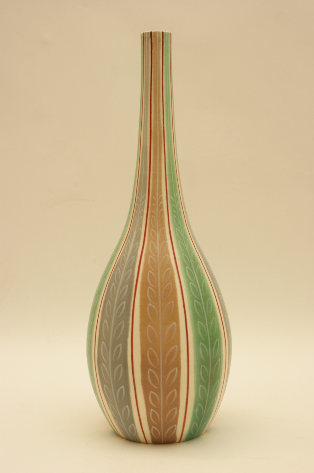 Poole carafe, designed by Alfred Read, circa 1954, decorated in vertilinear panels of stylised