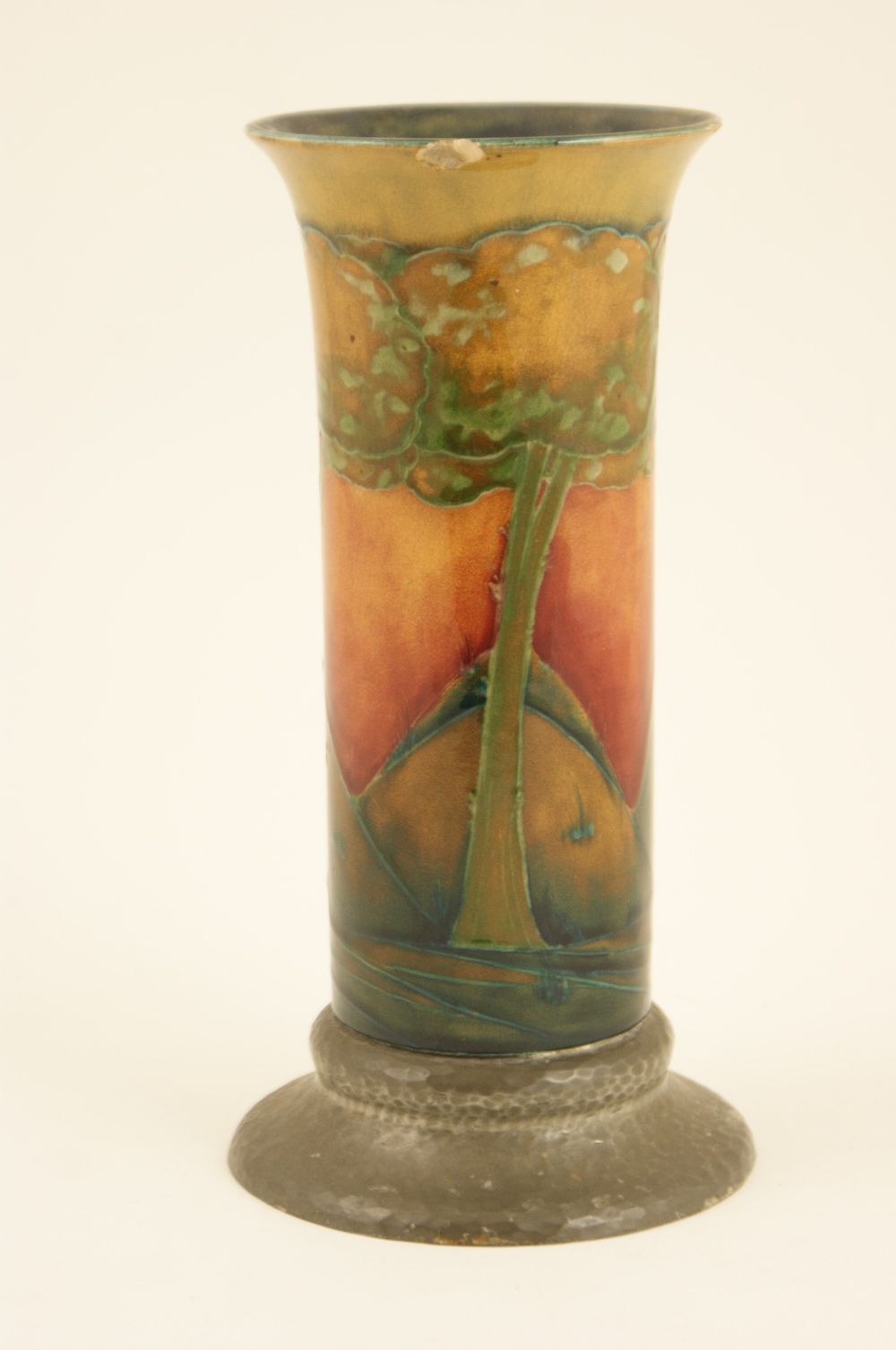 Moorcroft Eventide landscape vase, circa 1925, cylinder form with English pewter foot rim, impressed