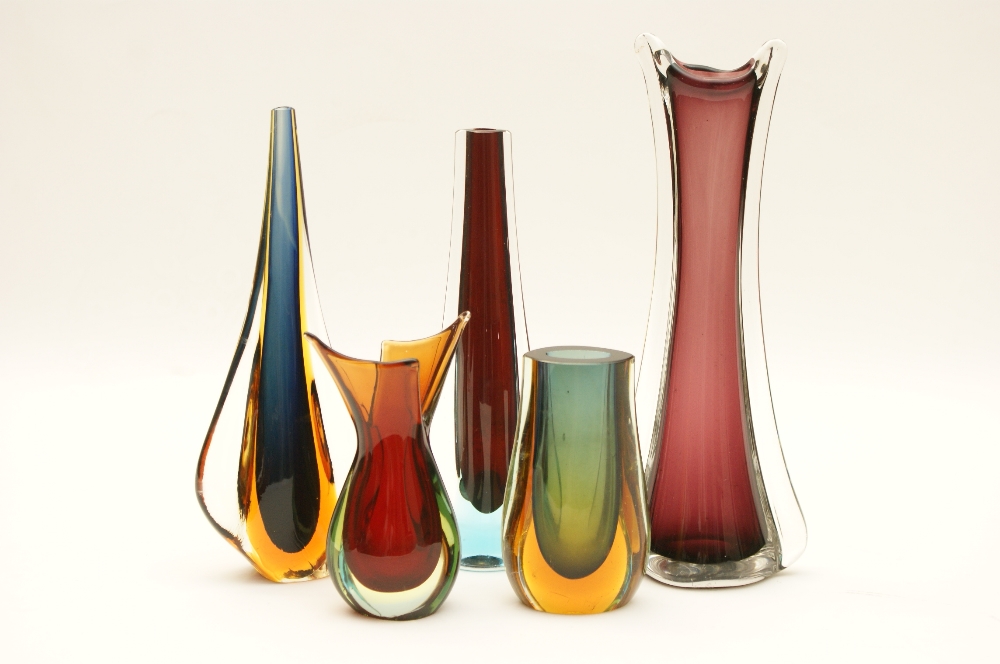 Five Italian coloured glass vases, 1960s/70s, the largest 30cm