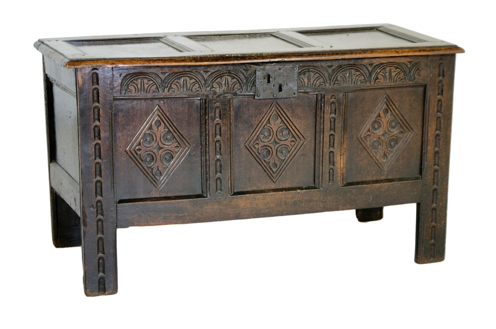 Charles II joined oak coffer, circa 1680, three recessed panel top with later hinges, over a lunette