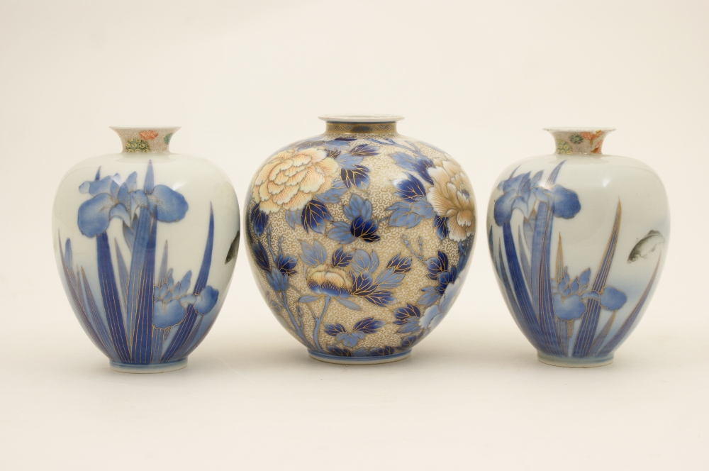 Pair of Japanese Fukugawa ovoid vases, decorated with carp and iris in predominantly blue and white,