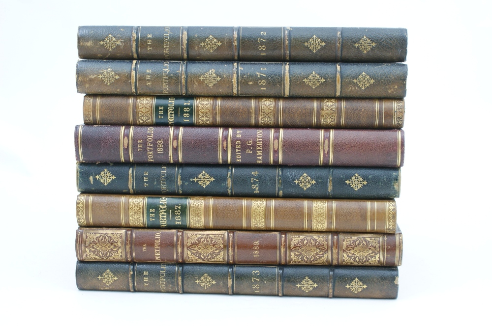 Eight bound volumes of The Portfolio magazine, circa 1880-1900, tooled leather spines