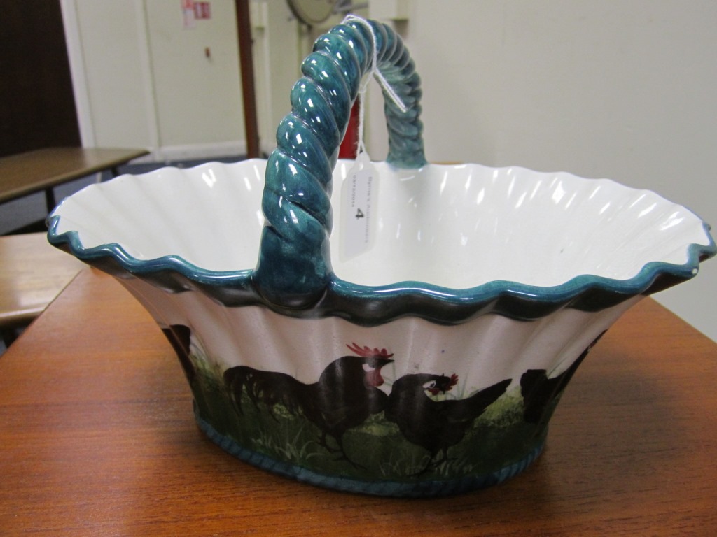 Wemyss black hens egg basket, fluted oval form with ropetwist handle, decorated with a band of black - Image 2 of 7