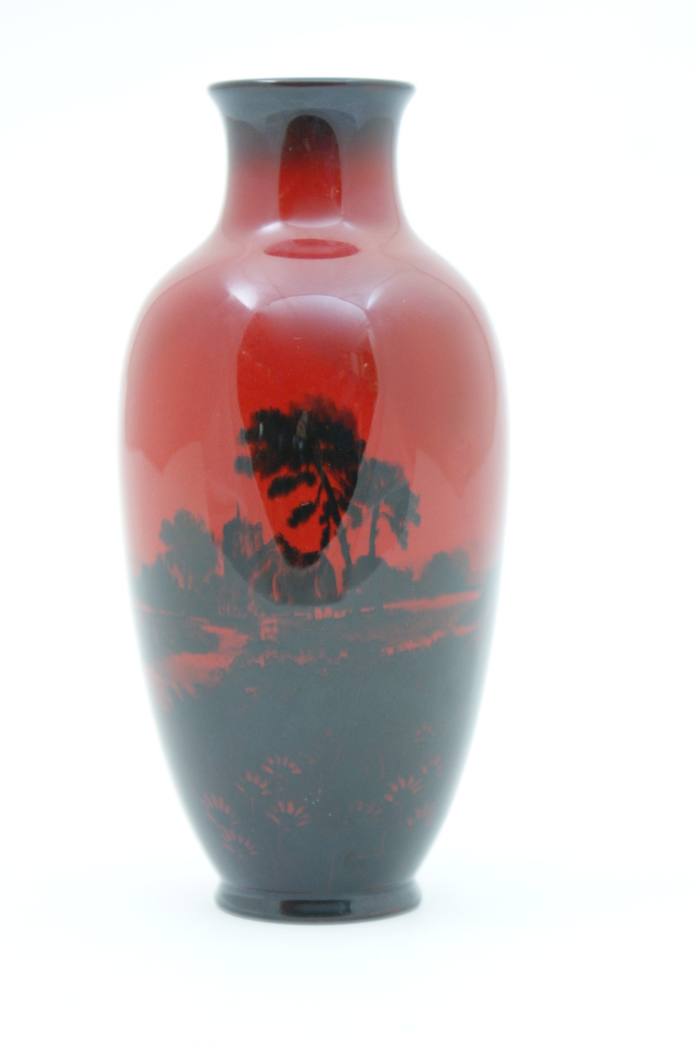 Royal Doulton Silhouette Flambe vase, ovoid form decorated with an extensive landscape, printed