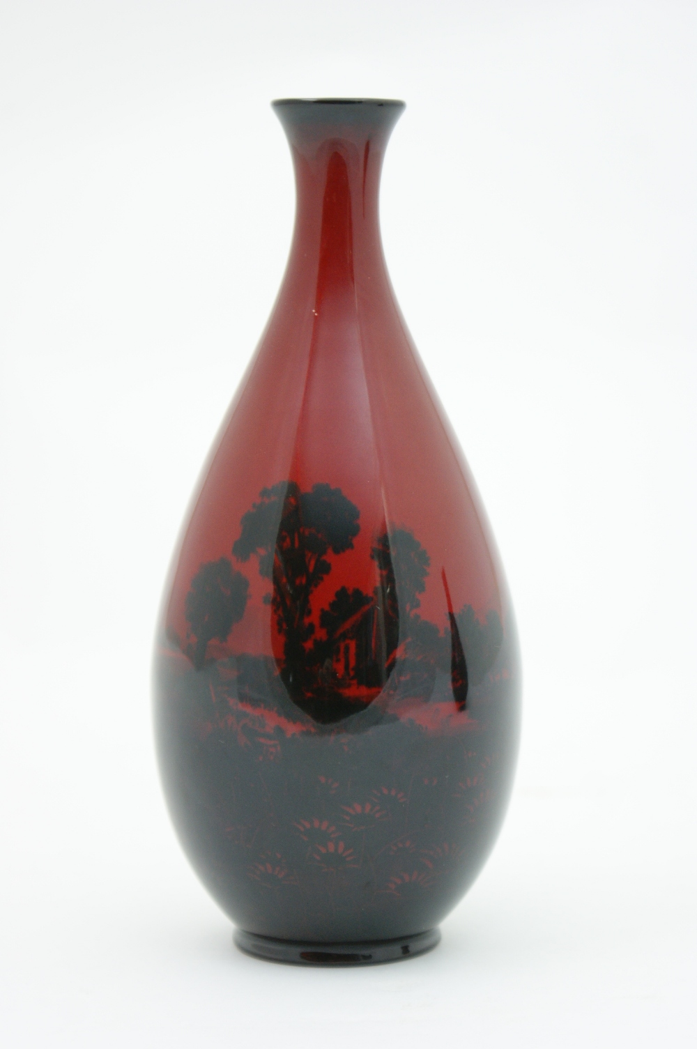 Royal Doulton silhouette flambe vase, ovoid form with a trumpet neck, decorated with an extensive