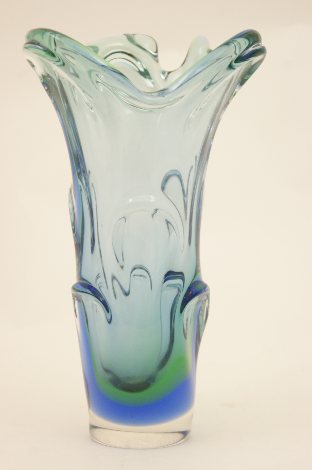 Murano freeform blue green trumpet vase, 27cm