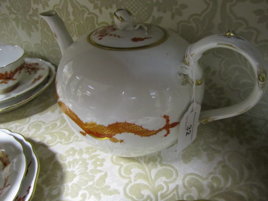 Meissen porcelain part tea service, 20th Century, decorated with a scrolling dragon in terracotta - Image 2 of 4