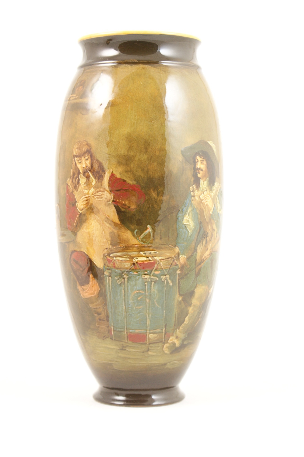 Rare Royal Doulton ivory ware vase, decorated by W Nunn, slip decorated with Royalists in a tavern