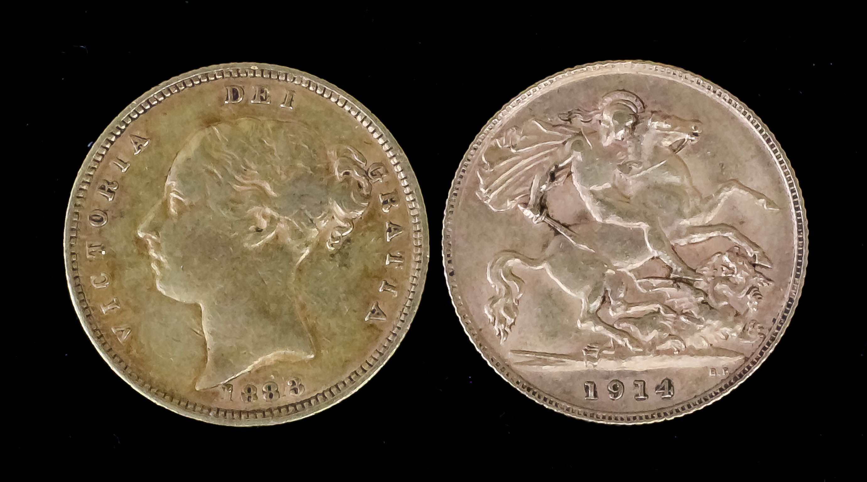 A Victorian 1883 Young Head Shield Back Half Sovereign and a George V 1914 Half Sovereign (Fair/