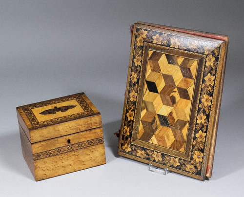 A rectangular Tunbridge ware tea caddy with moth to lid, 5ins x 4ins x 4ins high, and a blotter, 9.