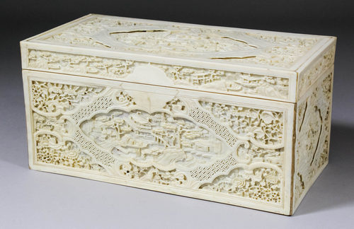 A Chinese ""Cantonese"" ivory rectangular work box, the top and sides carved with shaped vignettes