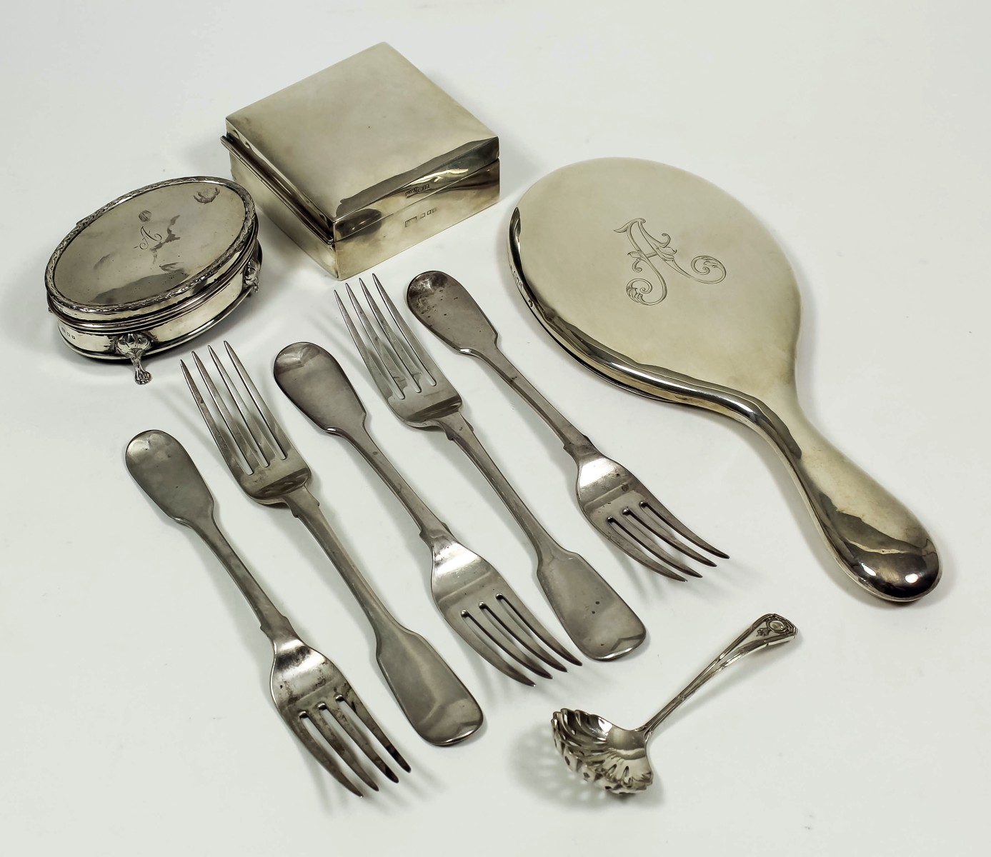 Five William IV silver fiddle pattern table forks, various makers, London 1832 and 1835, a George