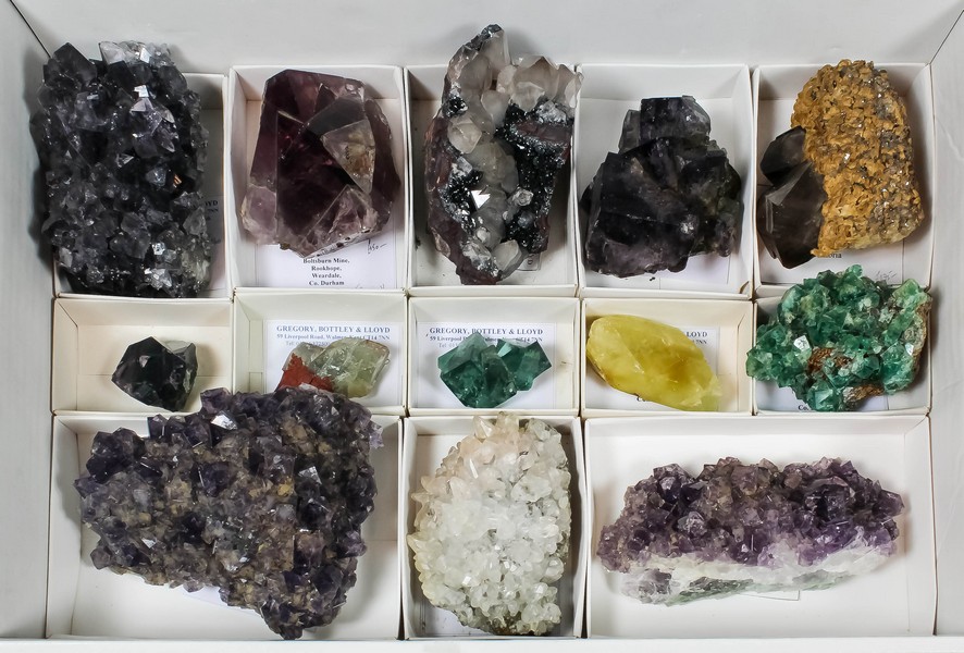 North of England - Thirteen minerals - Six mauve fluorites from Weardale; two green fluorites also