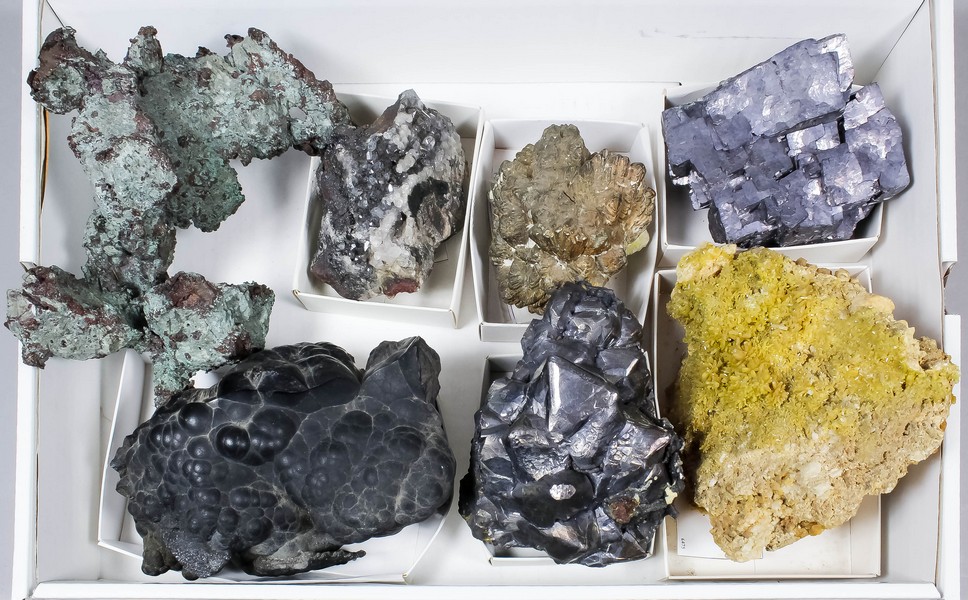 A group of seven minerals - two galena, pyromorphite from Idaho, native copper, etc. (one carton)