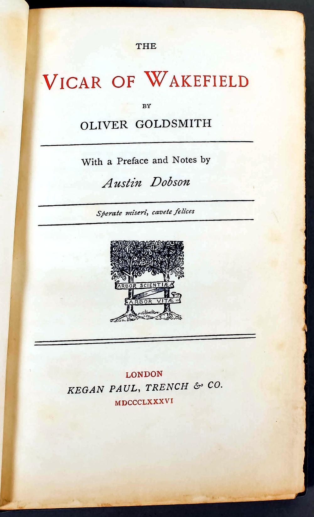 Oliver Goldsmith - "The Vicar of Wakefield", Kegan, Paul, Trench & Co, London 1886 (one leather