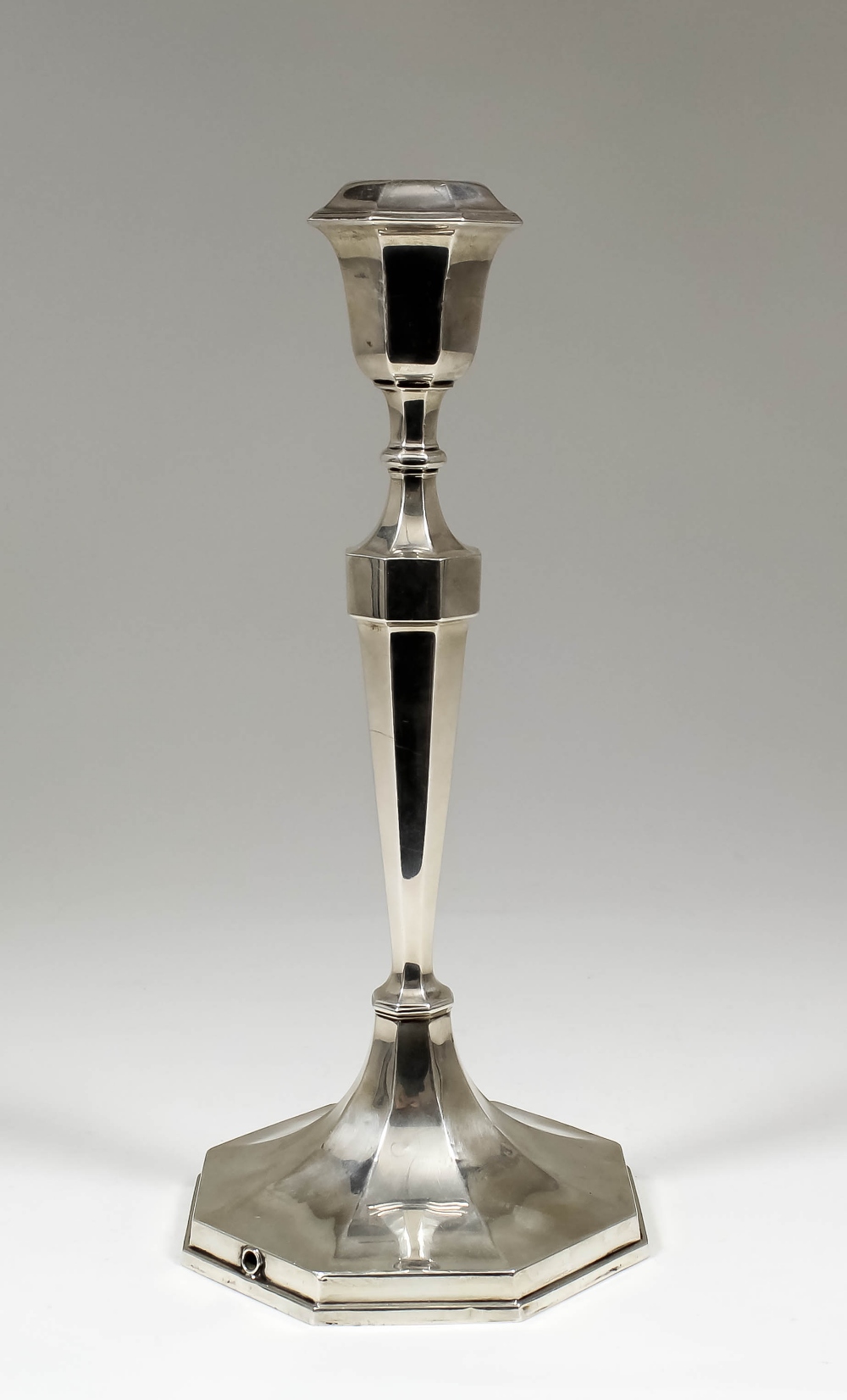 A George V silver electric table lamp base of 18th Century design with octagonal panelled baluster