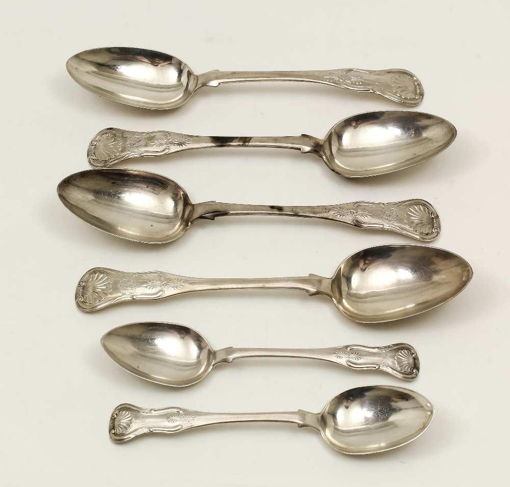 A William IV Scottish silver Kings pattern part table service, comprising - three table spoons and