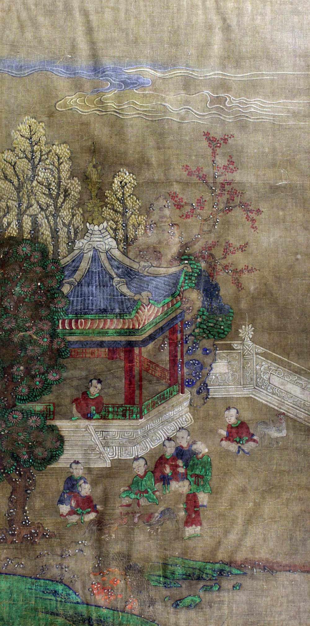 Chinese School - Watercolour and gouche on fabric - Landscape with children on a terrace, 31ins x