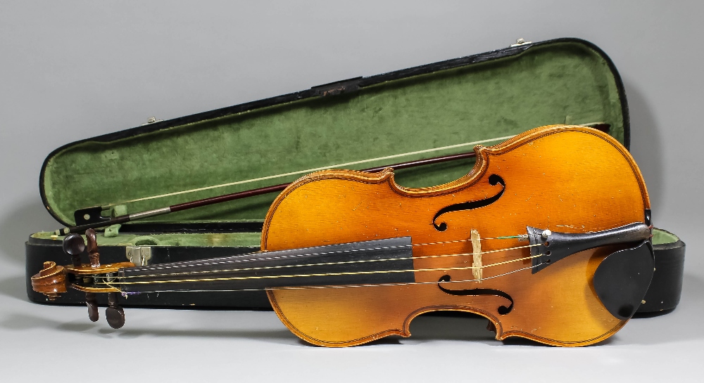 A 20th Century full size violin with figured two piece back, back measurement excluding button 14.