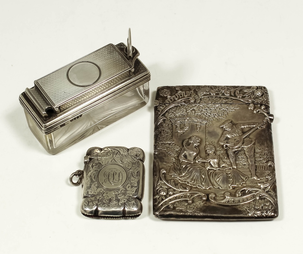 A late Victorian silver rectangular card case embossed in the Dutch manner with musician and figures