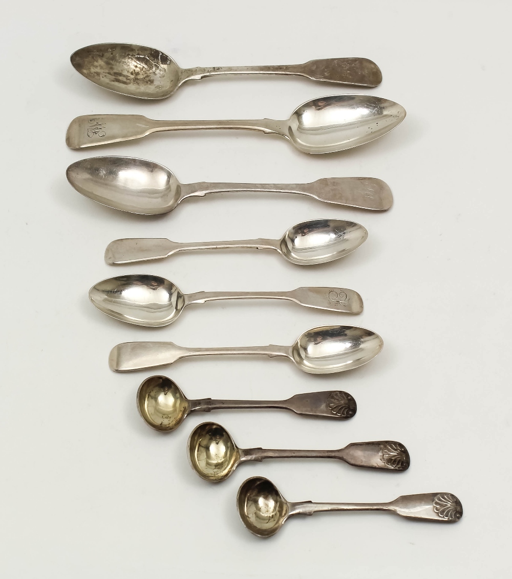 A set of four Victorian silver fiddle and shell pattern mustard spoons by Samuel Smily, London 1874,