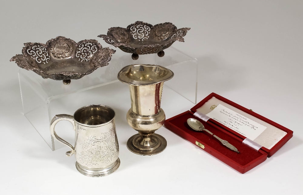 A late Victorian silver christening mug engraved with scroll, leaf and floral ornament, 4ins high,