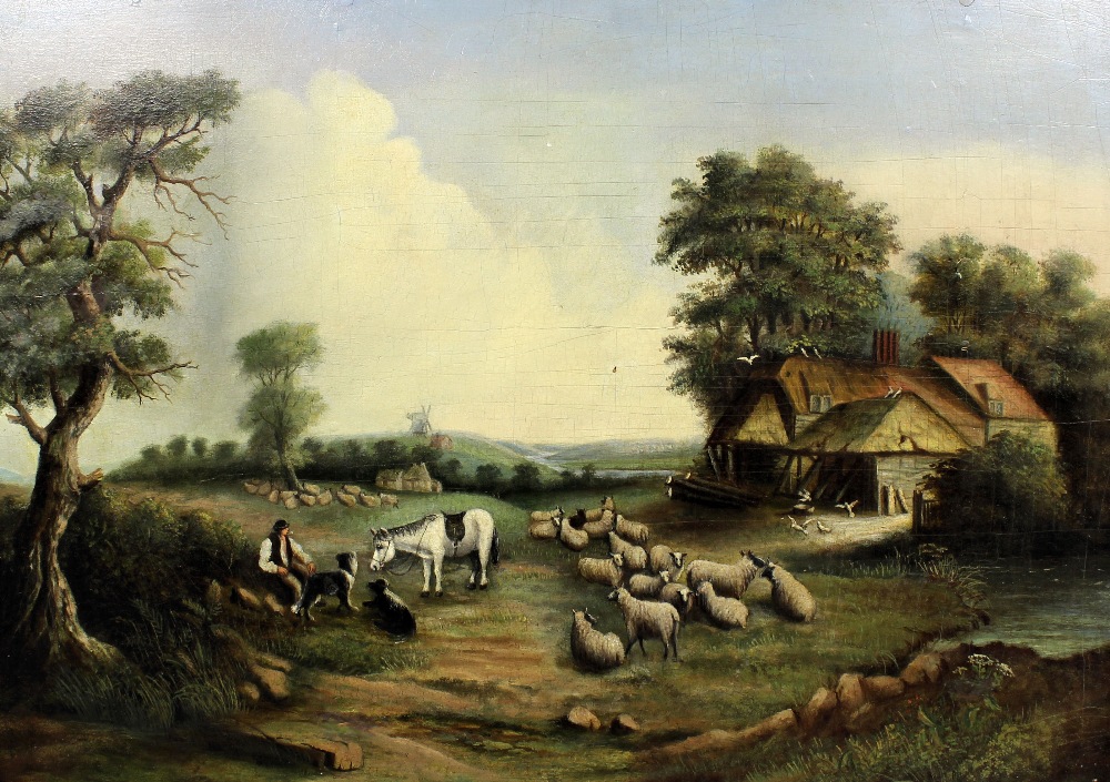 19th Century British School - Oil painting - Landscape with shepherd and cottage, panel 19ins x